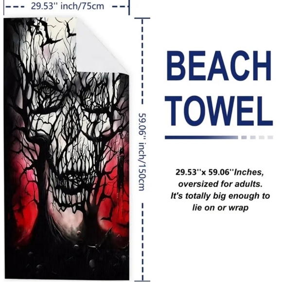 A Gothic Universe ✦ Skull Horror Towel ✦ Black Red Microfiber Ritual Beach 59" - Picture 2 of 6